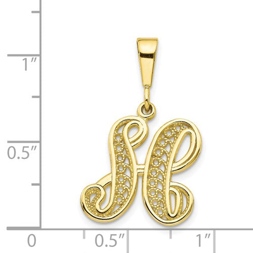 10K Yellow Gold Initial Letter H Cursive Script Alphabet Filigree Pendant Charm