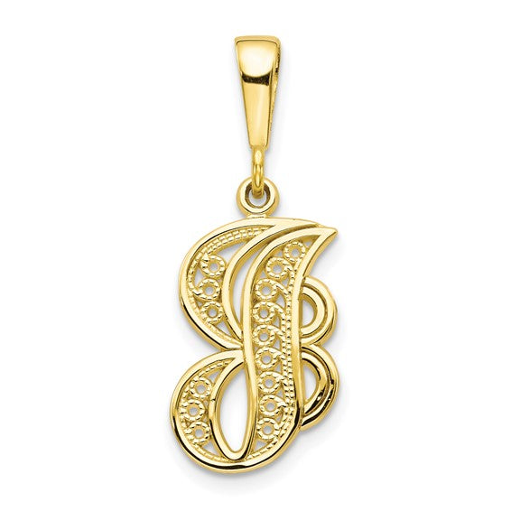 10K Yellow Gold Initial Letter J Cursive Script Alphabet Filigree Pendant Charm