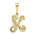 Load image into Gallery viewer, 10K Yellow Gold Initial Letter K Cursive Script Alphabet Filigree Pendant Charm
