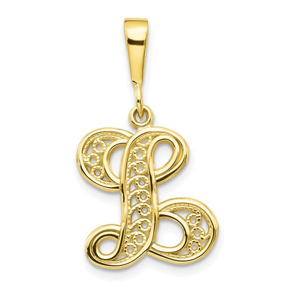 10K Yellow Gold Initial Letter L Cursive Script Alphabet Filigree Pendant Charm