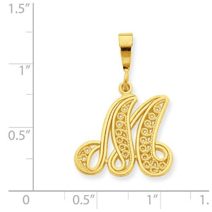 10K Yellow Gold Initial Letter M Cursive Script Alphabet Filigree Pendant Charm