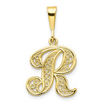 Afbeelding in Gallery-weergave laden, 10K Yellow Gold Initial Letter R Cursive Script Alphabet Filigree Pendant Charm
