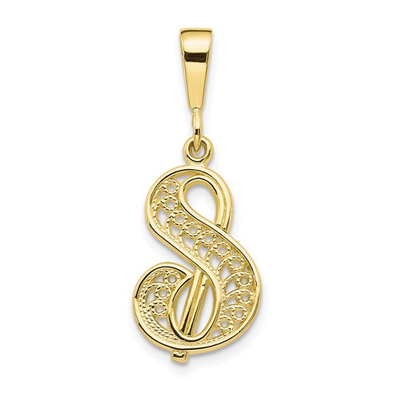 10K Yellow Gold Initial Letter S Cursive Script Alphabet Filigree Pendant Charm