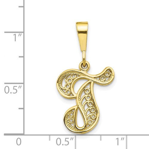 10K Yellow Gold Initial Letter T Cursive Script Alphabet Filigree Pendant Charm