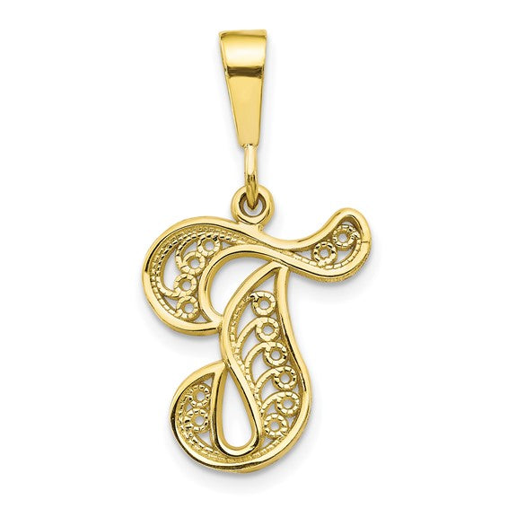 10K Yellow Gold Initial Letter T Cursive Script Alphabet Filigree Pendant Charm