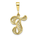 Afbeelding in Gallery-weergave laden, 10K Yellow Gold Initial Letter T Cursive Script Alphabet Filigree Pendant Charm

