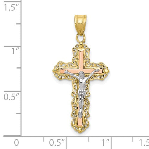 10k Yellow Rose White Gold Tri Color Crucifix Cross Pendant Charm