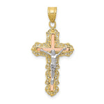 Indlæs billede til gallerivisning 10k Yellow Rose White Gold Tri Color Crucifix Cross Pendant Charm
