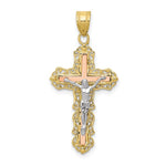 Afbeelding in Gallery-weergave laden, 10k Yellow Rose White Gold Tri Color Crucifix Cross Pendant Charm
