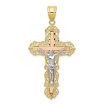 Загрузить изображение в средство просмотра галереи, 10k Yellow Rose White Gold Tri Color Crucifix Cross Pendant Charm
