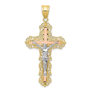10k Yellow Rose White Gold Tri Color Crucifix Cross Pendant Charm