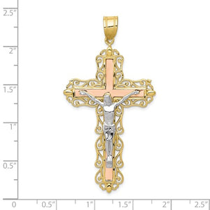 10k Yellow Rose White Gold Tri Color Crucifix Cross Large Pendant Charm