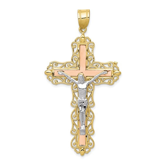10k Yellow Rose White Gold Tri Color Crucifix Cross Large Pendant Charm
