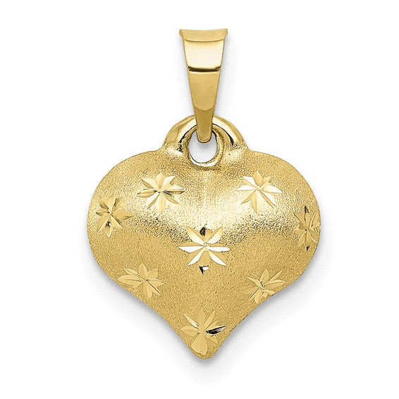 10k Yellow Gold Puffy Heart 3D Diamond Cut Polished Satin Small Pendant Charm