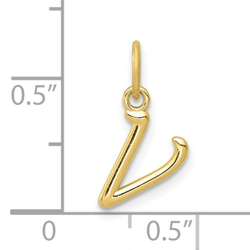 10K Yellow Gold Lowercase Initial Letter V Script Cursive Alphabet Pendant Charm