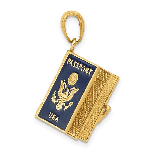 10k Yellow Gold Enamel USA Passport 3D Opens Pendant Charm