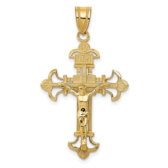 10k Yellow Gold INRI Crucifix Cross Fleur De Lis Pendant Charm