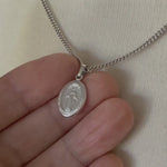 비디오를 갤러리 뷰어 14k White Gold Blessed Virgin Mary Miraculous Medal Oval Small Hollow Pendant Charm에 로드 및 재생
