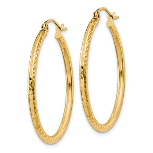 14K Yellow Gold Diamond Cut Round Hoop Textured Earrings 30mm x 2mm