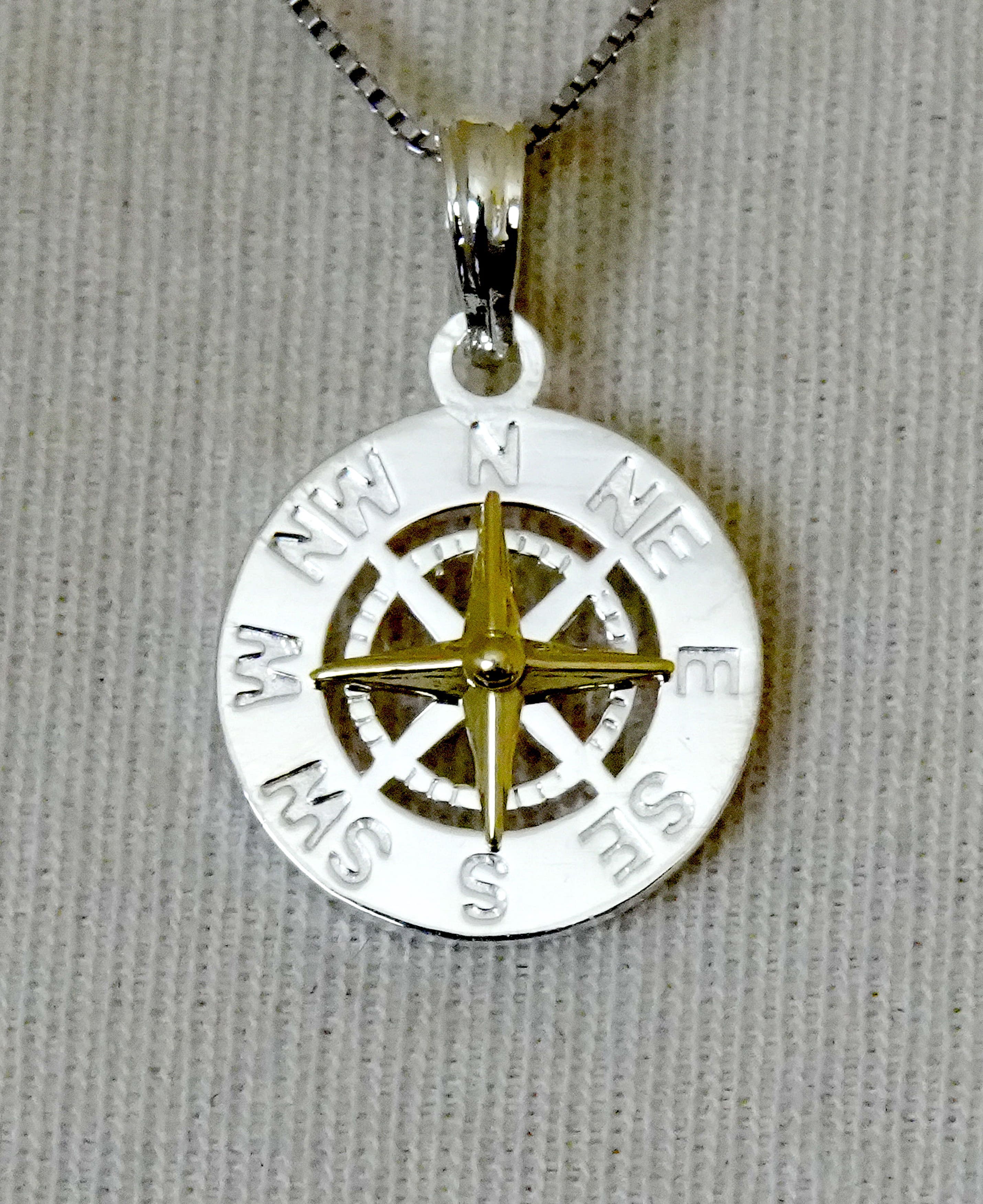 Sterling Silver and 14k Yellow Gold Nautical Compass Medallion Small Pendant Charm