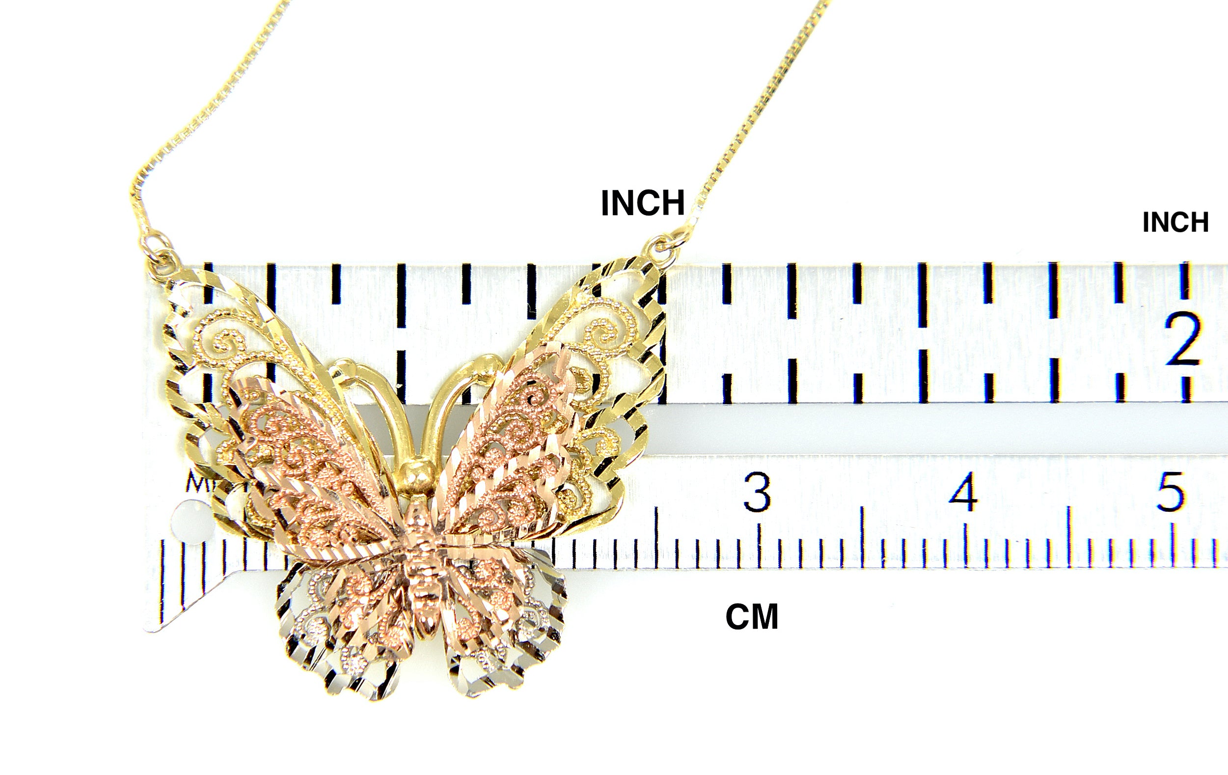 14k Gold Tri Color Butterfly Necklace 18 inches