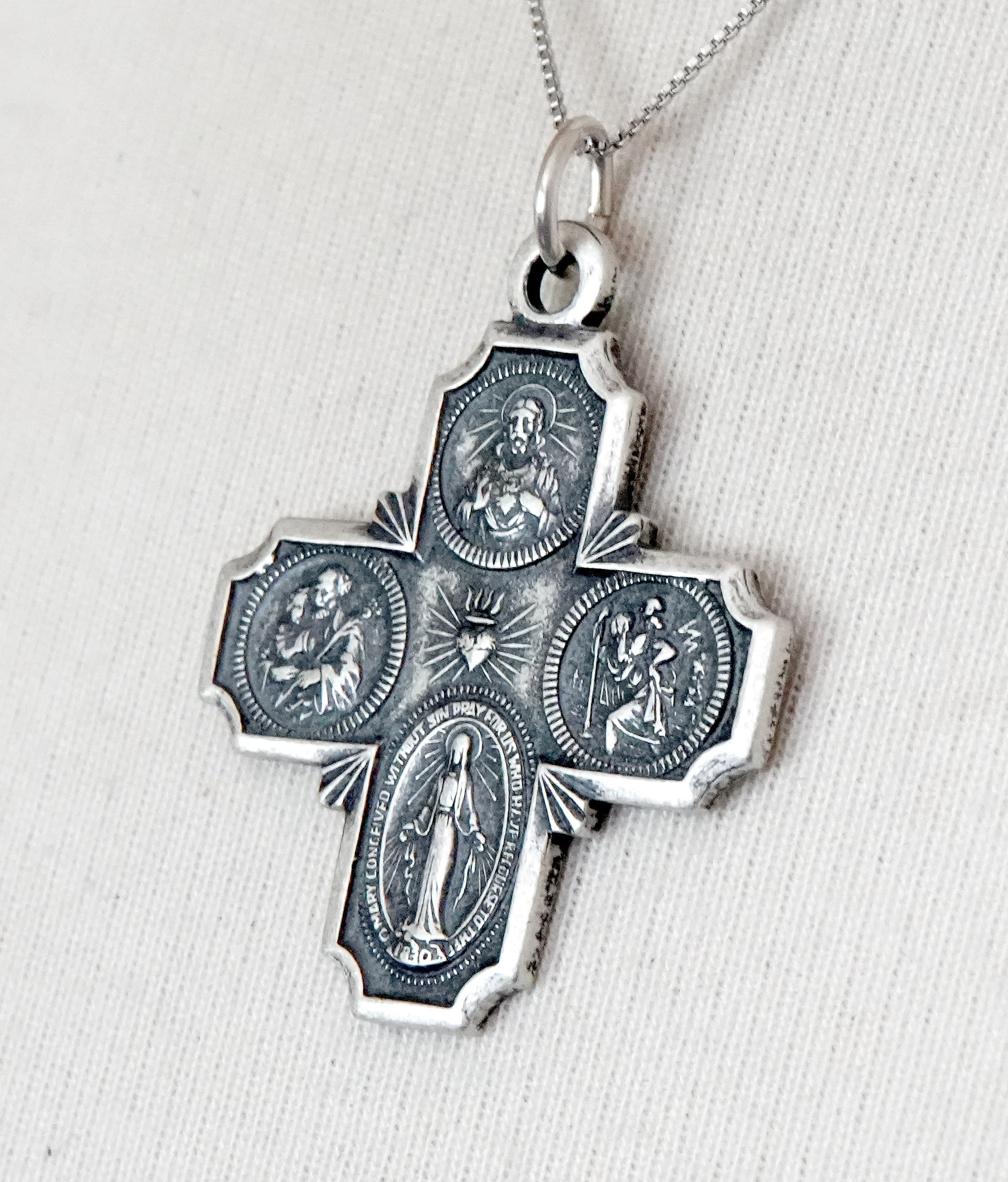 Sterling Silver Cruciform Cross Four Way Medal Antique Style Pendant Charm