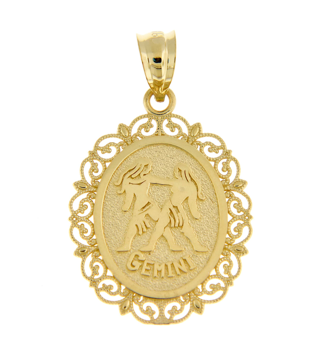14k Yellow Gold Gemini Zodiac Horoscope Oval Pendant Charm - [cklinternational]