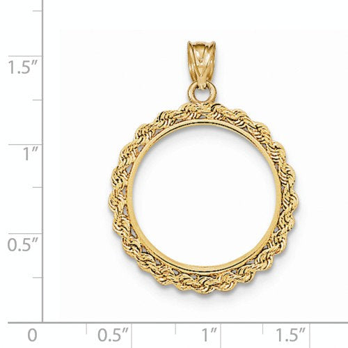 14K Yellow Gold 1/4 oz One Fourth Ounce American Eagle Coin Holder Prong Bezel Rope Edge Diamond Cut Pendant Charm for  22mm x 1.8mm Coins