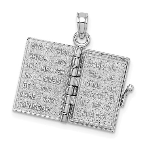 14K White Gold Holy Bible Book Lord's Prayer 3D Pendant Charm