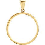 Load image into Gallery viewer, 14K Yellow Gold Holds 27mm x 2.2mm Coins or American Eagle 1/2 oz ounce South African Krugerrand 1/2 oz ounce Coin Holder Tab Back Frame Pendant
