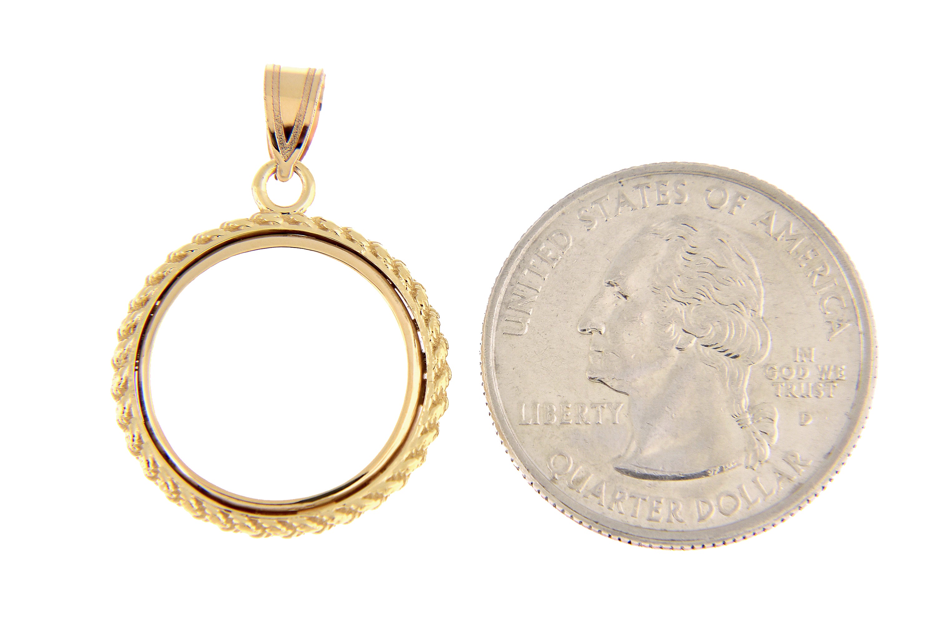 14K Yellow Gold 1/10 oz or One Tenth Ounce American Eagle Coin Holder Polished Rope Prong Bezel Pendant Charm for 16.5mm x 1.3mm Coins