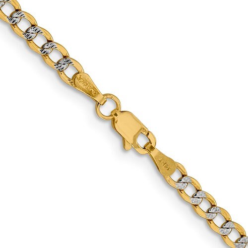 14K Yellow Gold with Rhodium 3.4mm Pavé Curb Bracelet Anklet Choker Necklace Pendant Chain Lobster Clasp