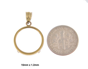 14K Yellow Gold Holds 16mm x 1.2mm Coins or Canadian 1/10 Ounce Maple Leaf Coin Tab Back Frame Pendant Holder