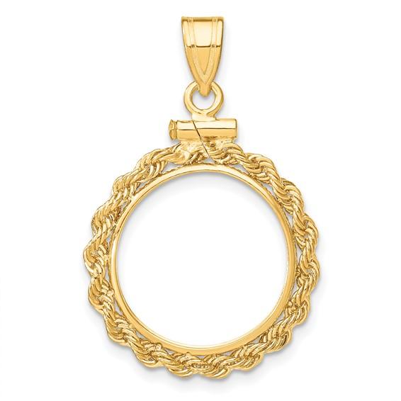 14k yellow gold holds 16.5mm coins 1/10 oz american eagle 1/10 oz krugerrand coin holder rope bezel screw top pendant charm
