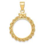 Carica l&#39;immagine nel visualizzatore di Gallery, 14K Yellow Gold Holds 16.5mm Coins 1/10 oz American Eagle 1/10 oz Krugerrand Coin Holder Rope Bezel Screw Top Pendant Charm
