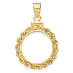 14K Yellow Gold Holds 16.5mm Coins 1/10 oz American Eagle 1/10 oz Krugerrand Coin Holder Rope Bezel Screw Top Pendant Charm
