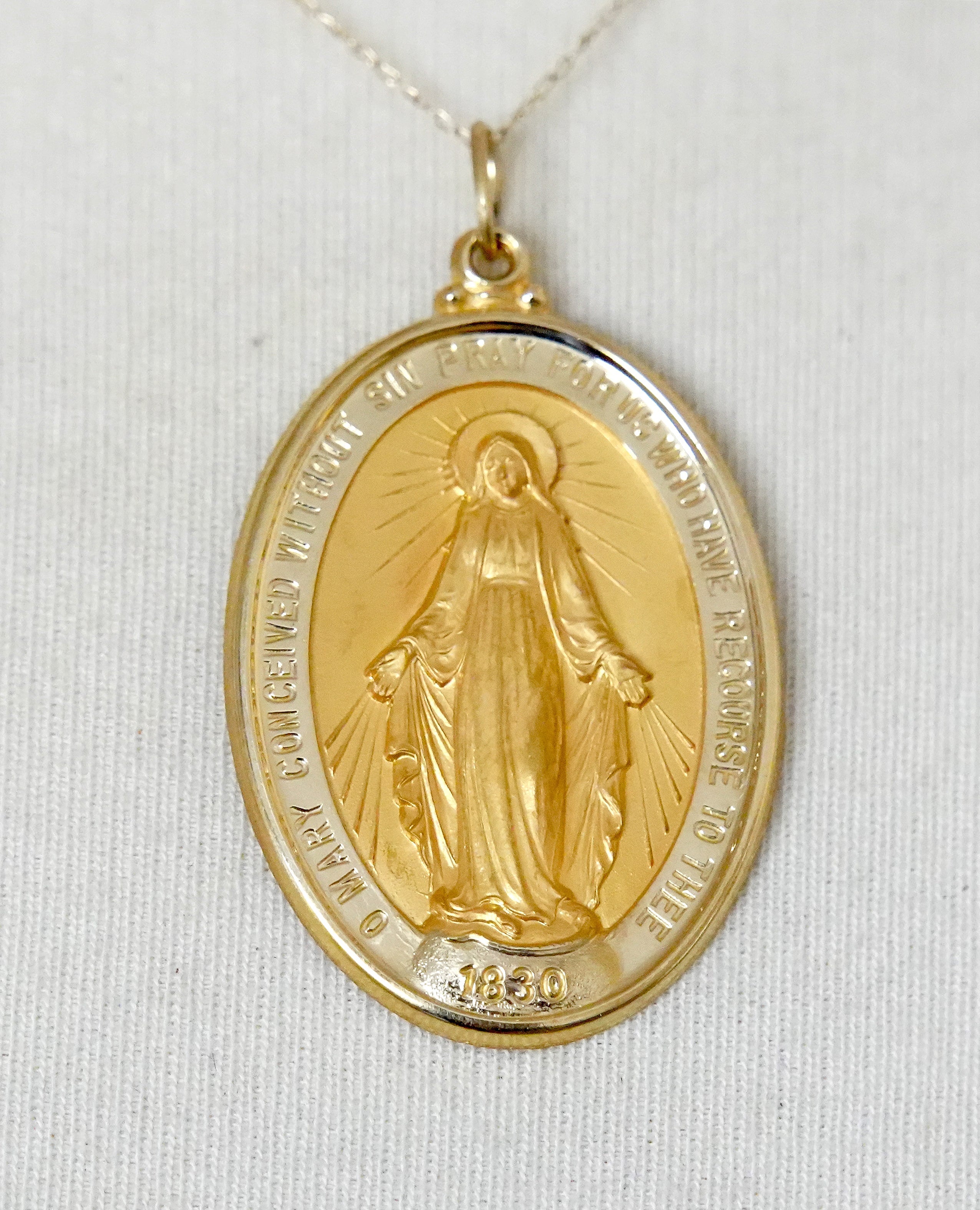 14k Yellow Gold Blessed Virgin Mary Miraculous Medal Oval Large Pendant Charm