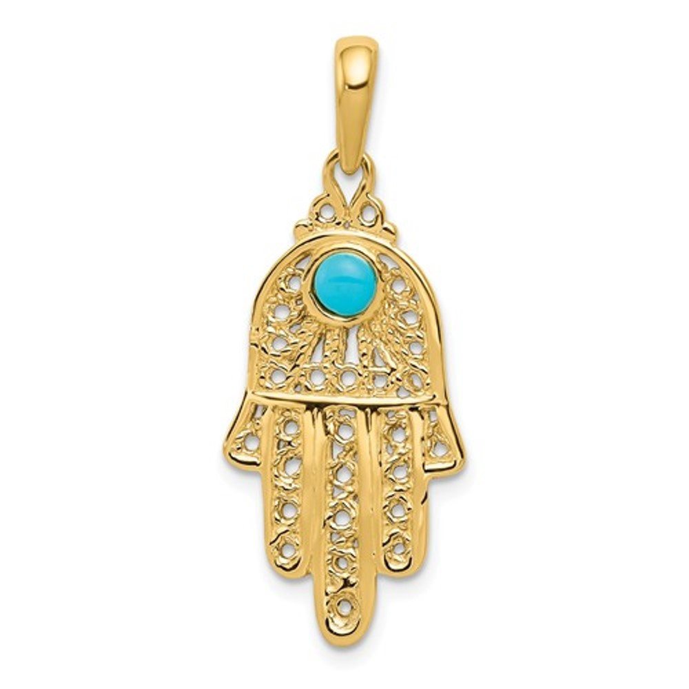 14k yellow gold hand of god hamsa chamseh with turquoise pendant charm
