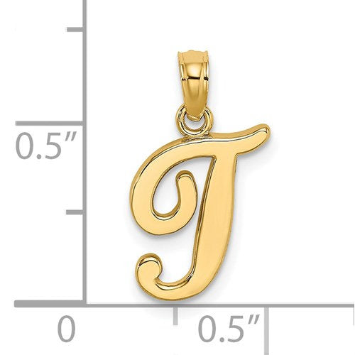 14K Yellow Gold Script Initial Letter T Cursive Alphabet Pendant Charm