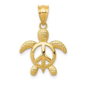 14k Yellow Gold Peace Sign Turtle Open Back Pendant Charm
