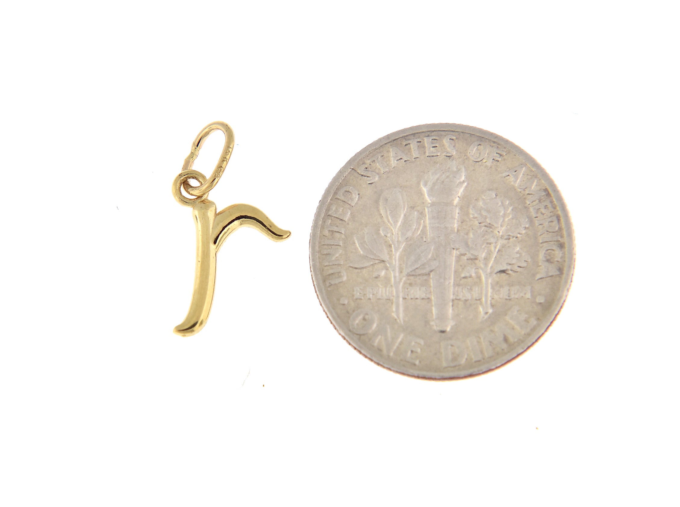14K Yellow Gold Lowercase Initial Letter R Script Cursive Alphabet Pendant Charm