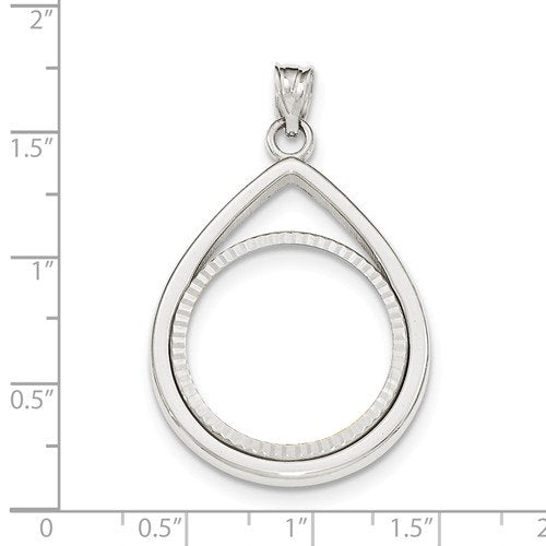 14K White Gold 1/4 oz One Fourth Ounce American Eagle Teardrop Coin Holder Diamond Cut Prong Bezel Pendant Charm Holds 22mm x 1.8mm Coin