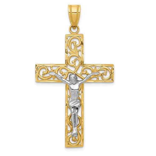 14k Gold Two Tone Cross Crucifix Filigree Pendant Charm - [cklinternational]