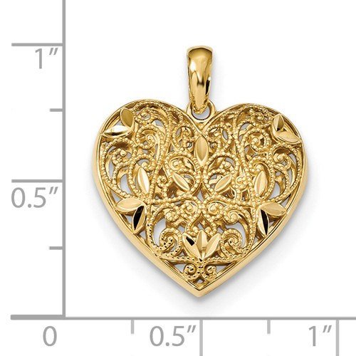 14K Yellow Gold Diamond Cut Filigree Heart Flat Back Pendant Charm