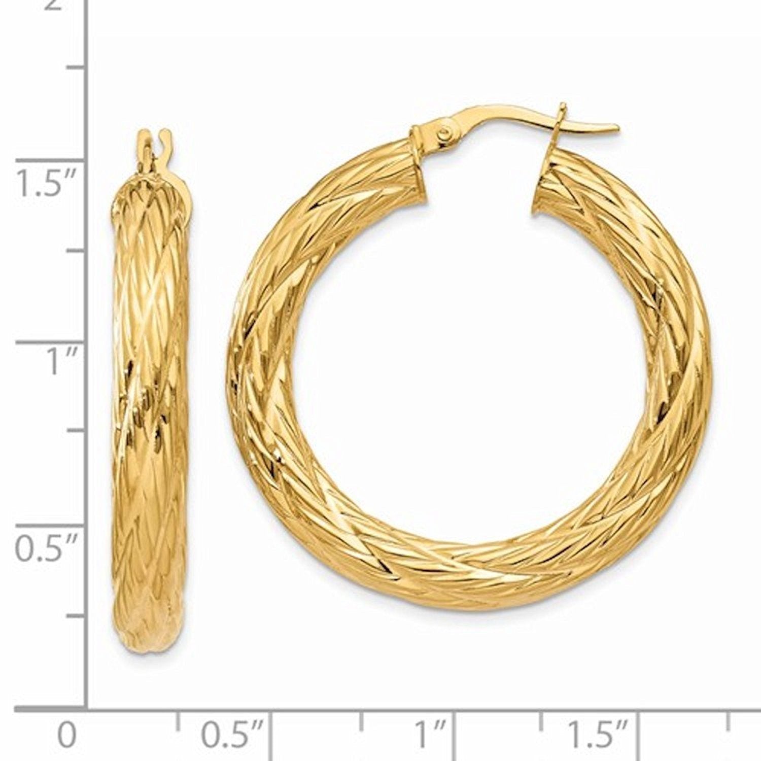 14K Yellow Gold 35mm x 4.5mm Textured Round Hoop Earrings