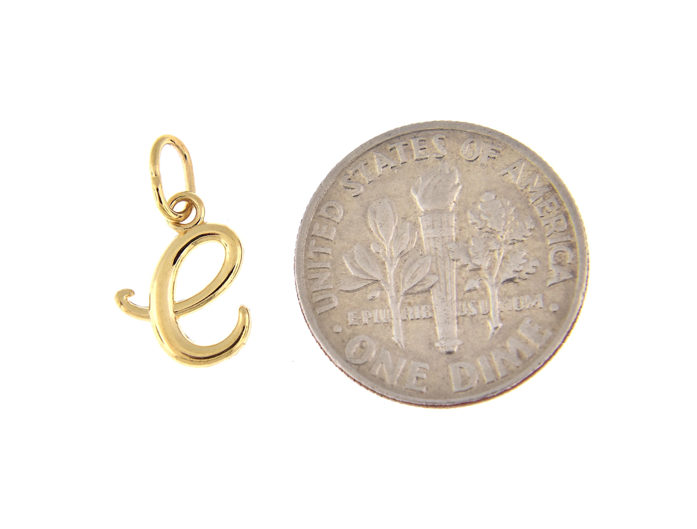 14K Yellow Gold Lowercase Initial Letter E Script Cursive Alphabet Pendant Charm