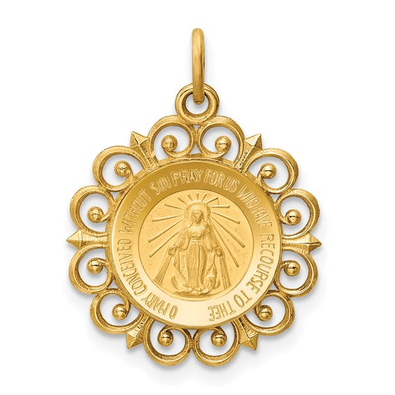 14K Yellow Gold Blessed Virgin Mary Miraculous Medal Round Pendant Charm