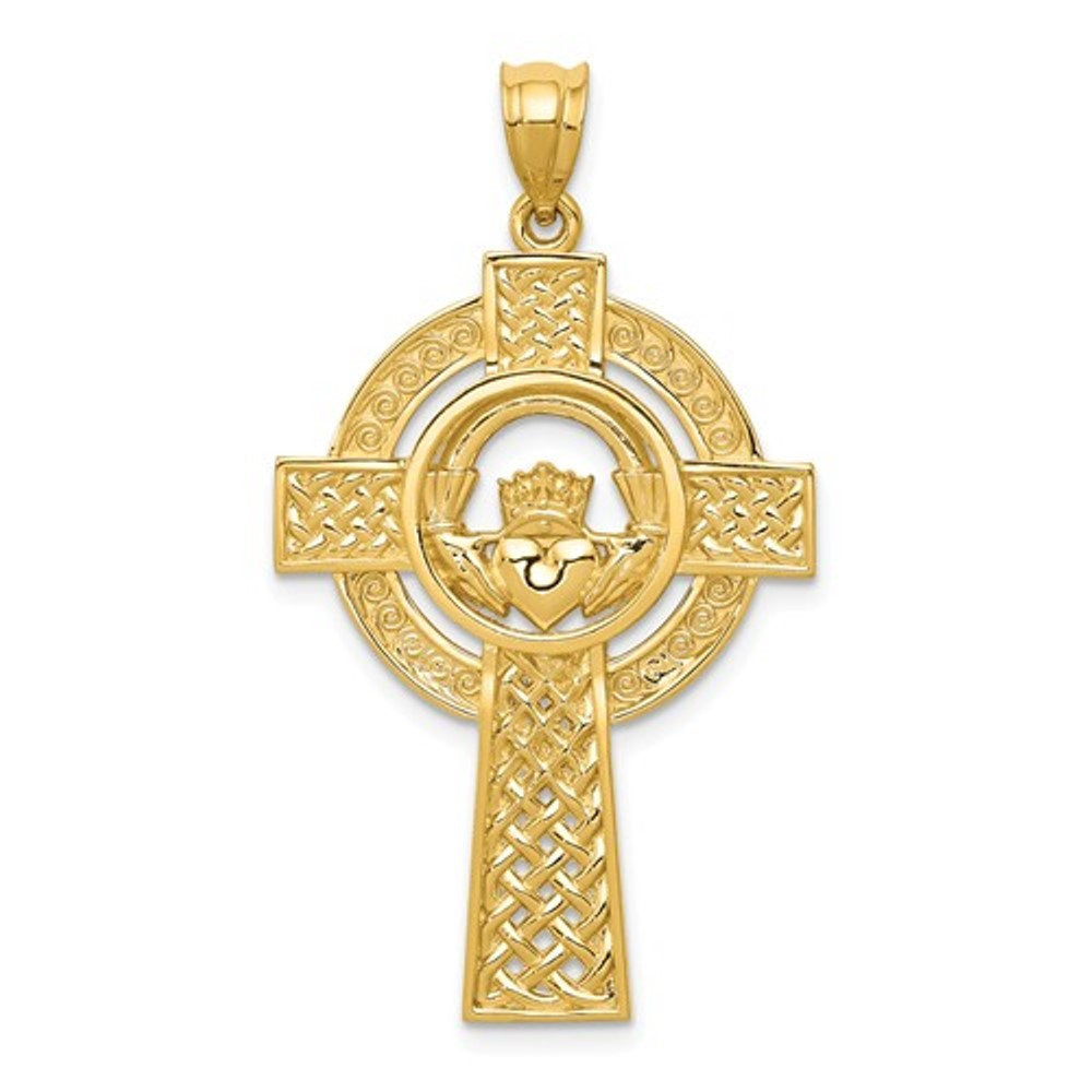 14k Yellow Gold Celtic Claddagh Cross Pendant Charm - [cklinternational]