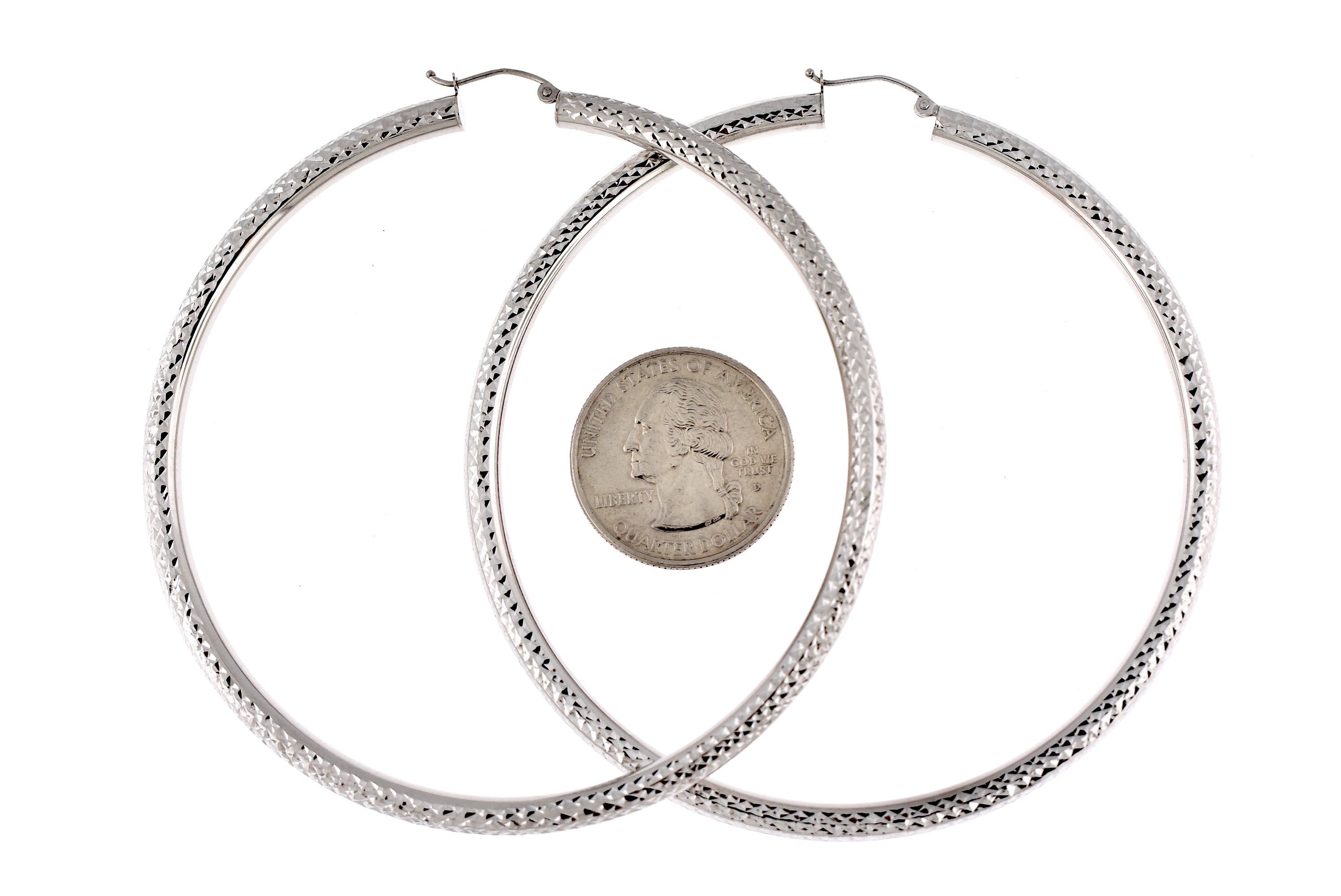 14K White Gold Diamond Cut Classic Round Hoop Earrings Extra Large Diameter 80mm x 4mm