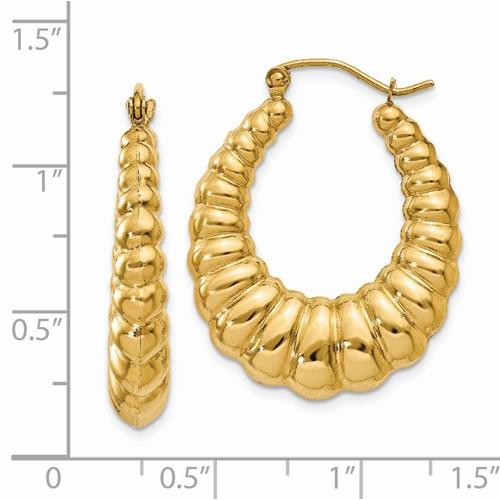 14K Yellow Gold Shrimp Scalloped Twisted Hoop Earrings